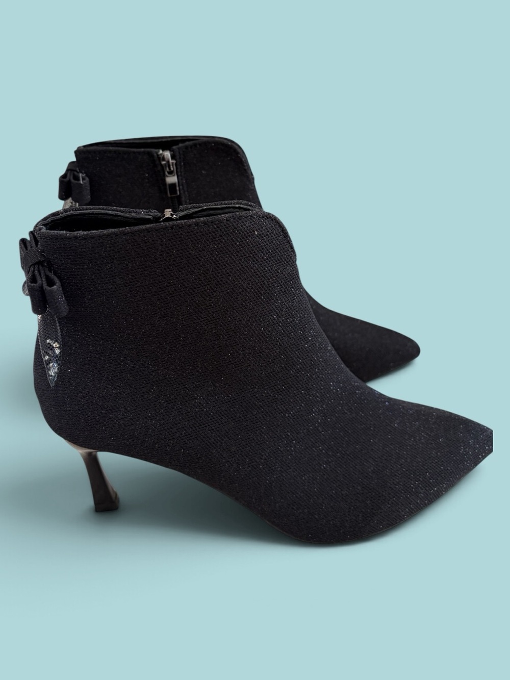 Black Glitter Pointed Toe Ankle Booties – Stiletto 2.5 inch Kitten Heel Sparkle